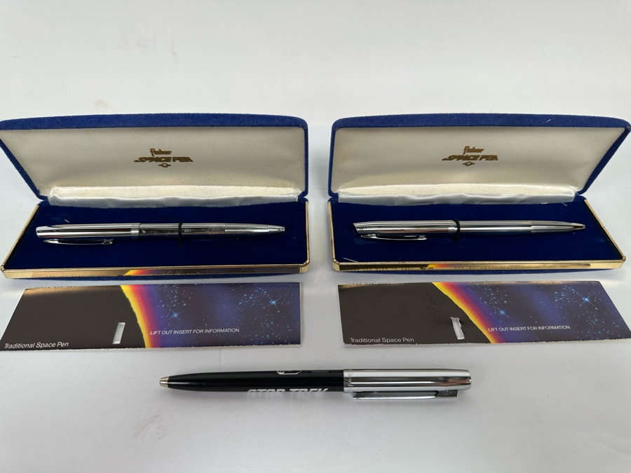 Set Of Three Fisher Space Pens - Two With Original Boxes - One Is A Star Trek Space Pen (Approved By NASA For Use In Outer Space) [Photo 2]