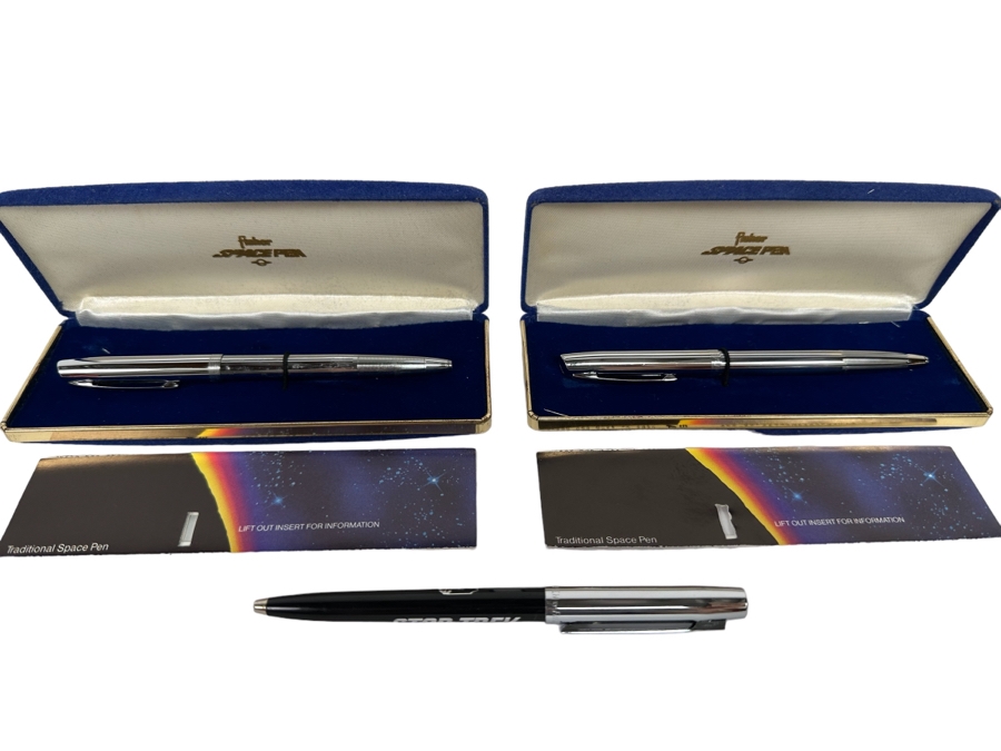 Set Of Three Fisher Space Pens - Two With Original Boxes - One Is A Star Trek Space Pen (Approved By NASA For Use In Outer Space) [Photo 1]