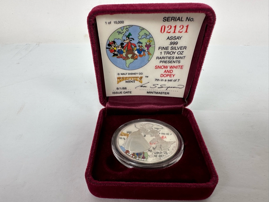 Walt Disney's Snow White And Dopey .999 Fine Silver 1 Troy Oz Proof Silver Coin With Box Rarities Mint Issued 8/1/88 7th In Series Of 7 Numbered 2,121 Of 15,000 [Photo 2]