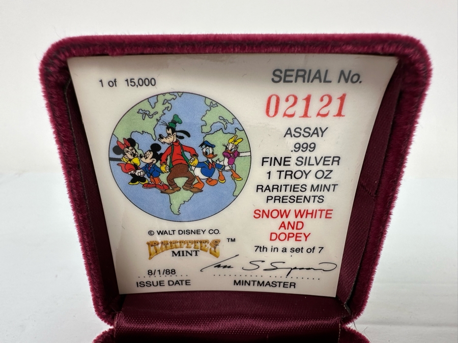 Walt Disney's Snow White And Dopey .999 Fine Silver 1 Troy Oz Proof Silver Coin With Box Rarities Mint Issued 8/1/88 7th In Series Of 7 Numbered 2,121 Of 15,000 [Photo 4]