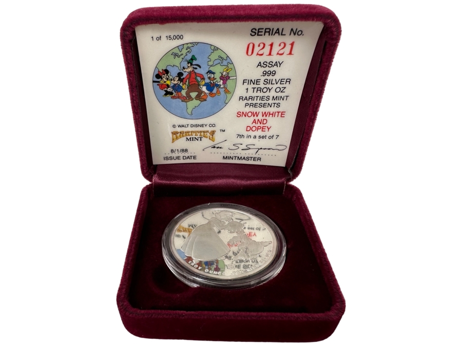 Walt Disney's Snow White And Dopey .999 Fine Silver 1 Troy Oz Proof Silver Coin With Box Rarities Mint Issued 8/1/88 7th In Series Of 7 Numbered 2,121 Of 15,000 [Photo 1]