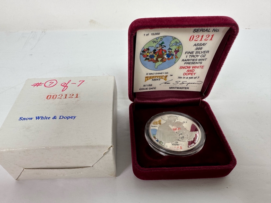Walt Disney's Snow White And Dopey .999 Fine Silver 1 Troy Oz Proof Silver Coin With Box Rarities Mint Issued 8/1/88 7th In Series Of 7 Numbered 2,121 Of 15,000 [Photo 6]