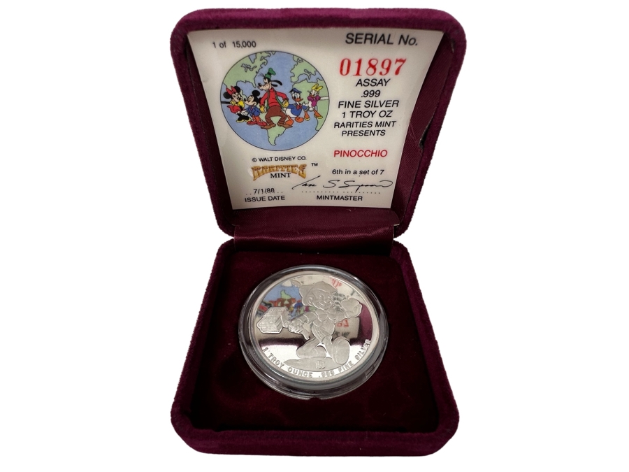 Walt Disney's Pinocchio .999 Fine Silver 1 Troy Oz Proof Silver Coin With Box Rarities Mint Issued 7/1/88 6th In Series Of 7 Numbered 1,897 Of 15,000 [Photo 1]