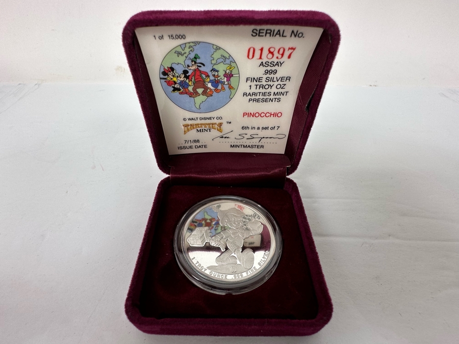 Walt Disney's Pinocchio .999 Fine Silver 1 Troy Oz Proof Silver Coin With Box Rarities Mint Issued 7/1/88 6th In Series Of 7 Numbered 1,897 Of 15,000 [Photo 3]