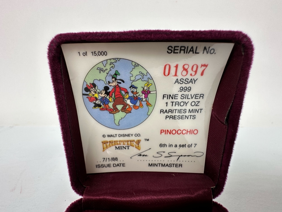 Walt Disney's Pinocchio .999 Fine Silver 1 Troy Oz Proof Silver Coin With Box Rarities Mint Issued 7/1/88 6th In Series Of 7 Numbered 1,897 Of 15,000 [Photo 5]