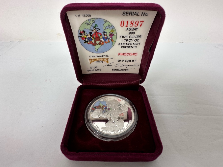 Walt Disney's Pinocchio .999 Fine Silver 1 Troy Oz Proof Silver Coin With Box Rarities Mint Issued 7/1/88 6th In Series Of 7 Numbered 1,897 Of 15,000 [Photo 2]