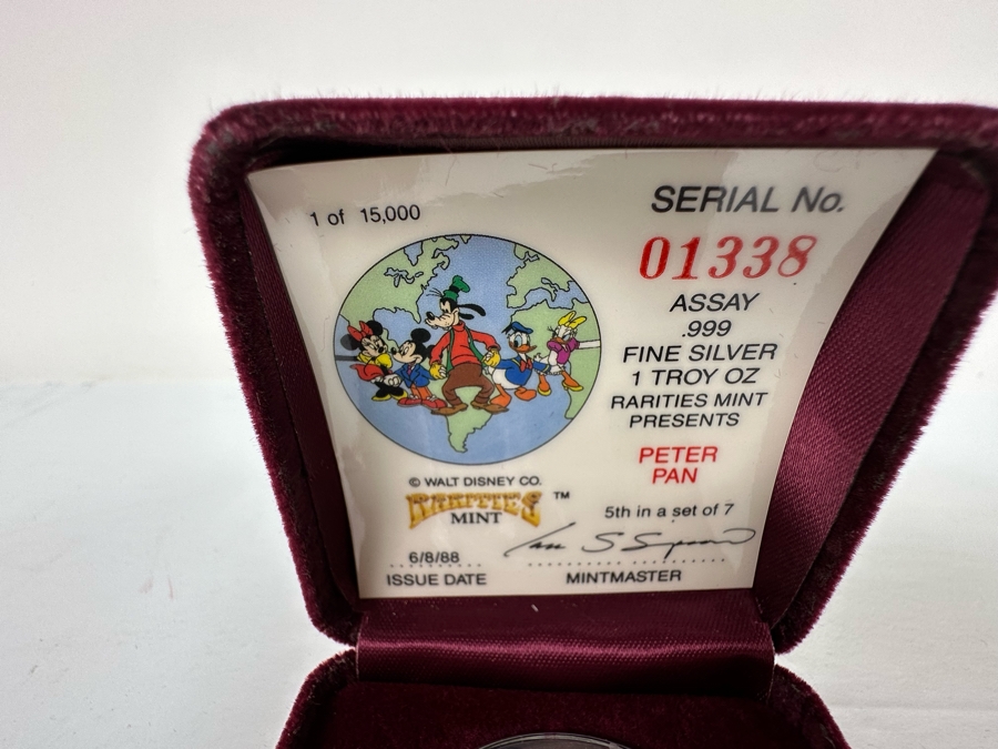 Walt Disney's Peter Pan .999 Fine Silver 1 Troy Oz Proof Silver Coin With Box Rarities Mint Issued 6/8/88 5th In Series Of 7 Numbered 1,338 Of 15,000 [Photo 6]