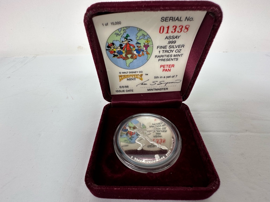 Walt Disney's Peter Pan .999 Fine Silver 1 Troy Oz Proof Silver Coin With Box Rarities Mint Issued 6/8/88 5th In Series Of 7 Numbered 1,338 Of 15,000 [Photo 2]