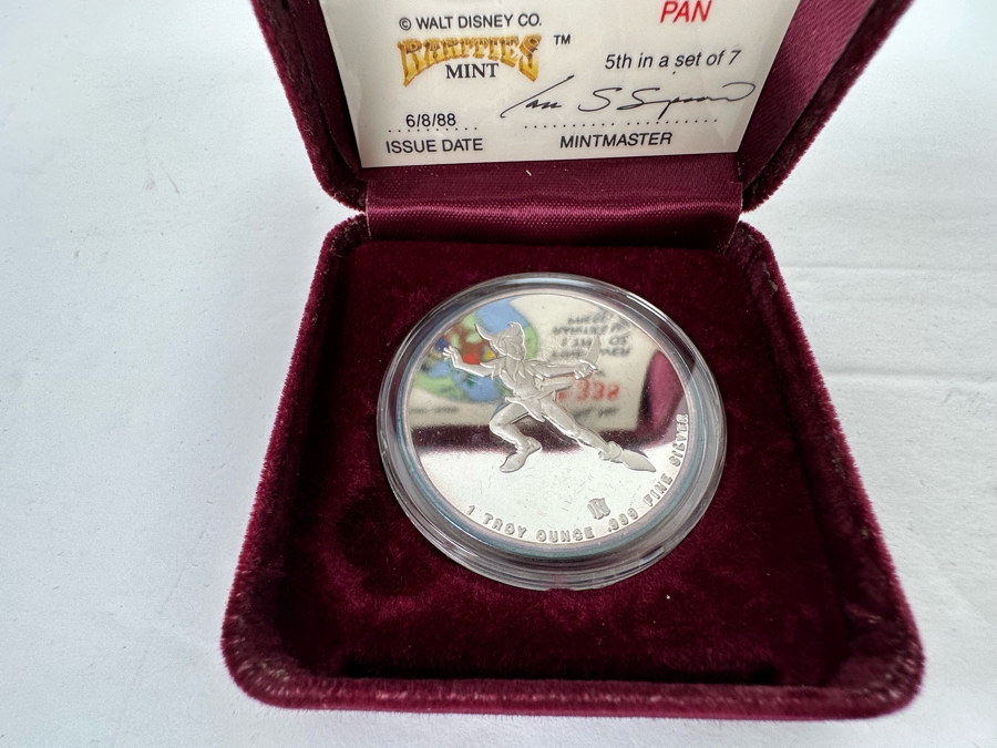 Walt Disney's Peter Pan .999 Fine Silver 1 Troy Oz Proof Silver Coin With Box Rarities Mint Issued 6/8/88 5th In Series Of 7 Numbered 1,338 Of 15,000 [Photo 5]