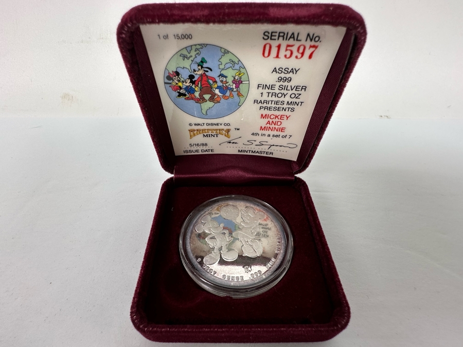 Walt Disney's Mickey Mouse And Minnie Mouse .999 Fine Silver 1 Troy Oz Proof Silver Coin With Box Rarities Mint Issued 5/16/88 4th In Series Of 7 Numbered 1,597 Of 15,000 [Photo 3]
