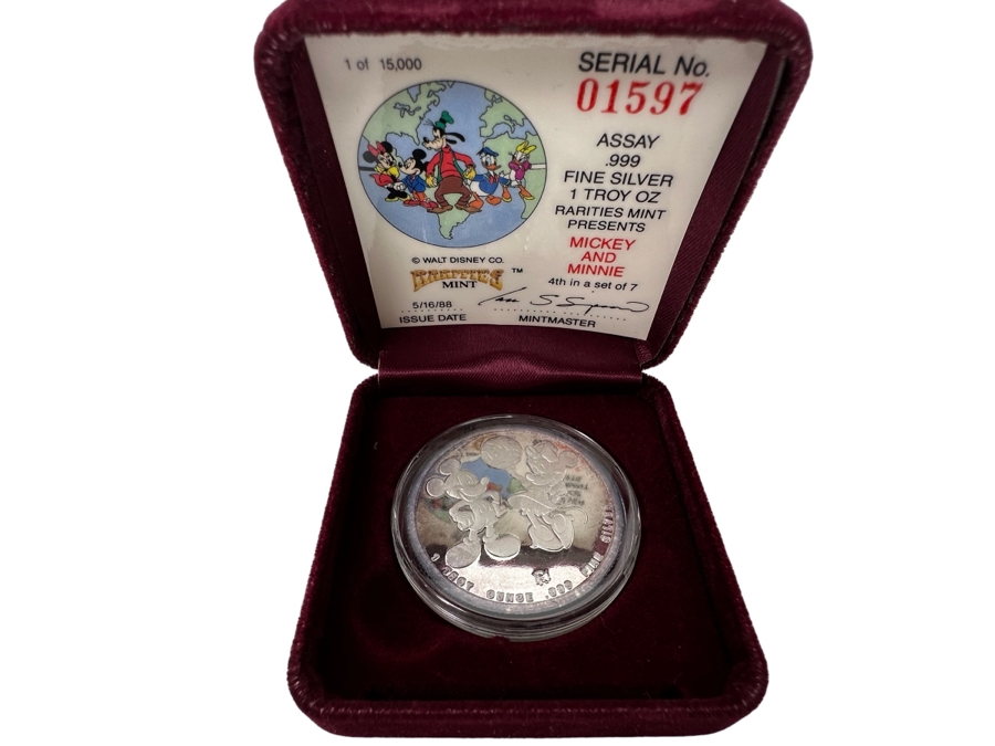 Walt Disney's Mickey Mouse And Minnie Mouse .999 Fine Silver 1 Troy Oz Proof Silver Coin With Box Rarities Mint Issued 5/16/88 4th In Series Of 7 Numbered 1,597 Of 15,000 [Photo 1]