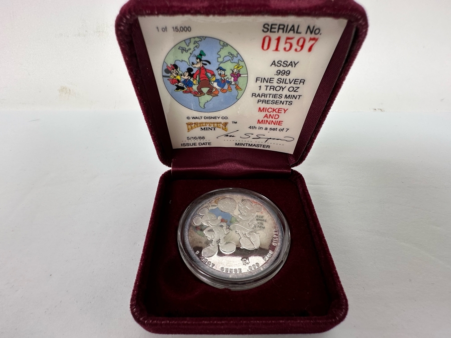 Walt Disney's Mickey Mouse And Minnie Mouse .999 Fine Silver 1 Troy Oz Proof Silver Coin With Box Rarities Mint Issued 5/16/88 4th In Series Of 7 Numbered 1,597 Of 15,000 [Photo 2]