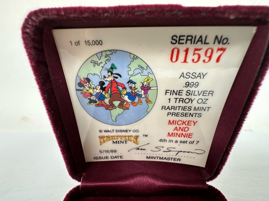 Walt Disney's Mickey Mouse And Minnie Mouse .999 Fine Silver 1 Troy Oz Proof Silver Coin With Box Rarities Mint Issued 5/16/88 4th In Series Of 7 Numbered 1,597 Of 15,000 [Photo 6]