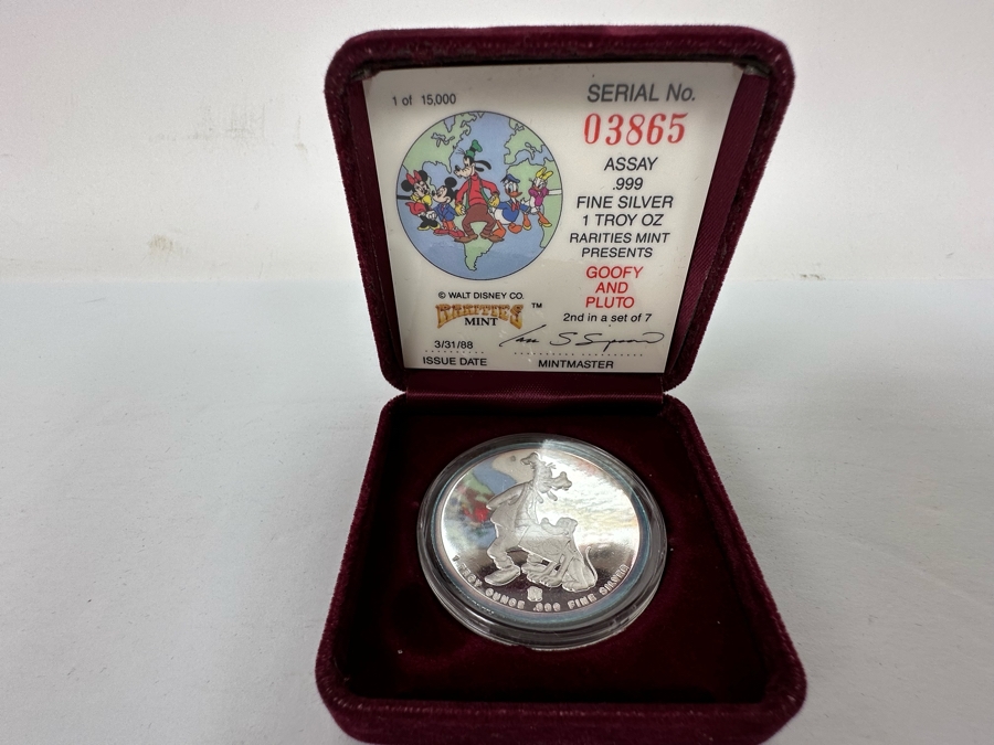 Walt Disney's Goofy And Pluto .999 Fine Silver 1 Troy Oz Proof Silver Coin With Box Rarities Mint Issued 3/31/88 2nd In Series Of 7 Numbered 3,865 Of 15,000 [Photo 3]