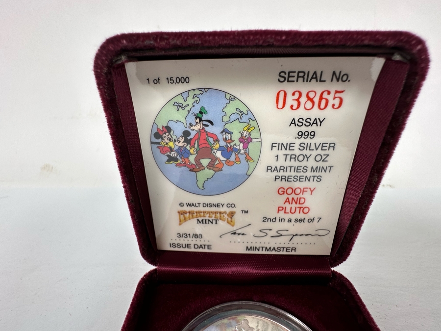 Walt Disney's Goofy And Pluto .999 Fine Silver 1 Troy Oz Proof Silver Coin With Box Rarities Mint Issued 3/31/88 2nd In Series Of 7 Numbered 3,865 Of 15,000 [Photo 5]