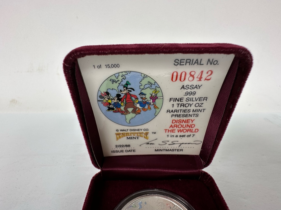 Walt Disney's Disney Around The World .999 Fine Silver 1 Troy Oz Proof Silver Coin With Box Rarities Mint Issued 2/22/88 1st In Series Of 7 Numbered 842 Of 15,000 [Photo 7]