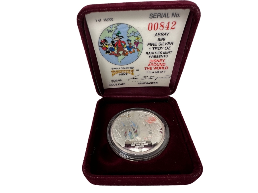 Walt Disney's Disney Around The World .999 Fine Silver 1 Troy Oz Proof Silver Coin With Box Rarities Mint Issued 2/22/88 1st In Series Of 7 Numbered 842 Of 15,000