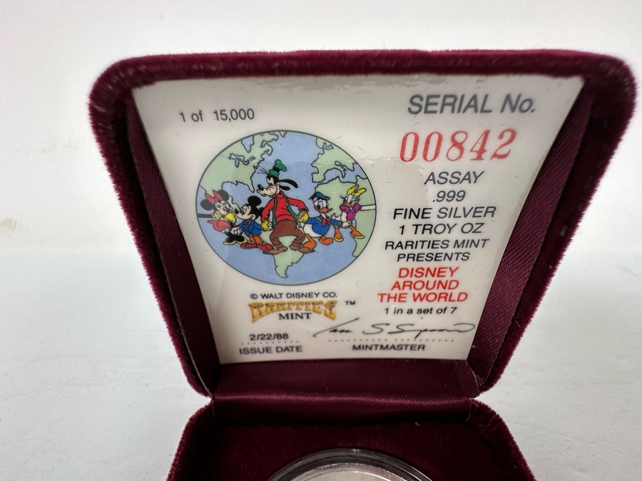 Walt Disney's Disney Around The World .999 Fine Silver 1 Troy Oz Proof Silver Coin With Box Rarities Mint Issued 2/22/88 1st In Series Of 7 Numbered 842 Of 15,000 [Photo 6]