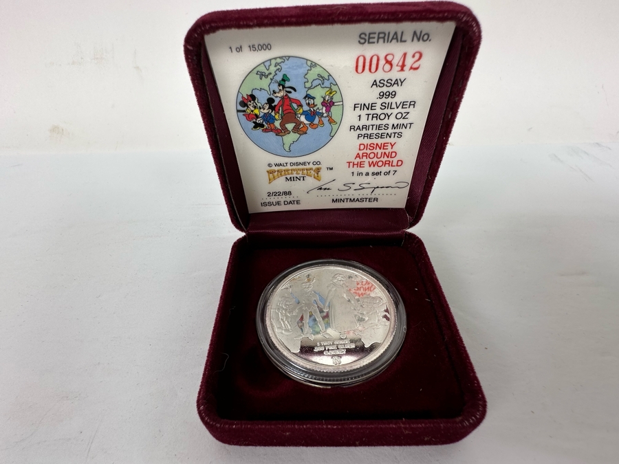 Walt Disney's Disney Around The World .999 Fine Silver 1 Troy Oz Proof Silver Coin With Box Rarities Mint Issued 2/22/88 1st In Series Of 7 Numbered 842 Of 15,000 [Photo 3]