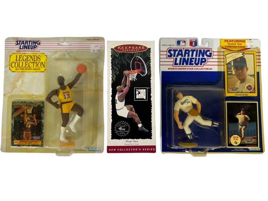 Pair Of 1989 Staring Lineup Kenner Legends Collection Action Figures With Trading Cards Of Wilt Chamberlain And Nolan Ryan And Shaquille O'Neal Hoop Stars Christmas Ornament First In The Hoop Stars Series 1995 All New In Packaging [Photo 1]