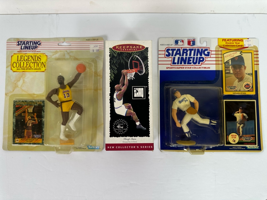 Pair Of 1989 Staring Lineup Kenner Legends Collection Action Figures With Trading Cards Of Wilt Chamberlain And Nolan Ryan And Shaquille O'Neal Hoop Stars Christmas Ornament First In The Hoop Stars Series 1995 All New In Packaging [Photo 3]
