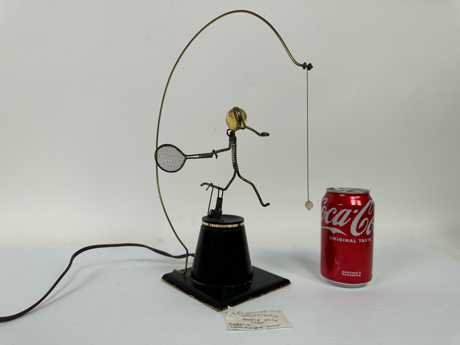 Gordon Bradt (1924-2022, American) Signed Working Mechanical Electrical Automaton Kinetic Sculpture Swinging Racket Tennis Player Kinetico Studios 7W X 13H - Will Post Video