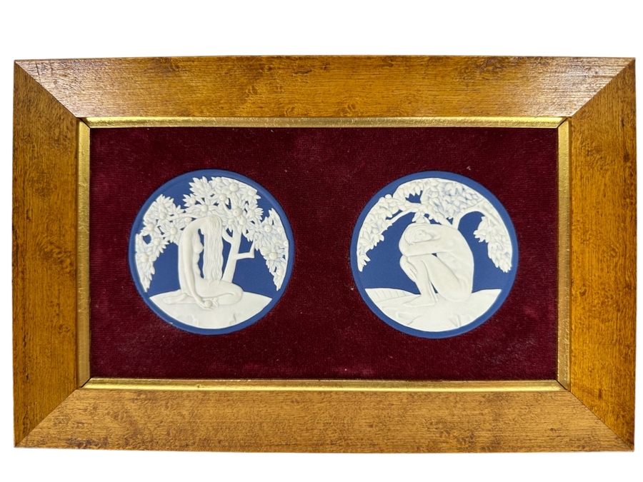 Pair Of Wedgwood Collectible Plates Of Adam & Eve By Anna Zinkeisen Nicely Display In A Wooden Frame From The Wedgwood Collectors Society [Photo 1]