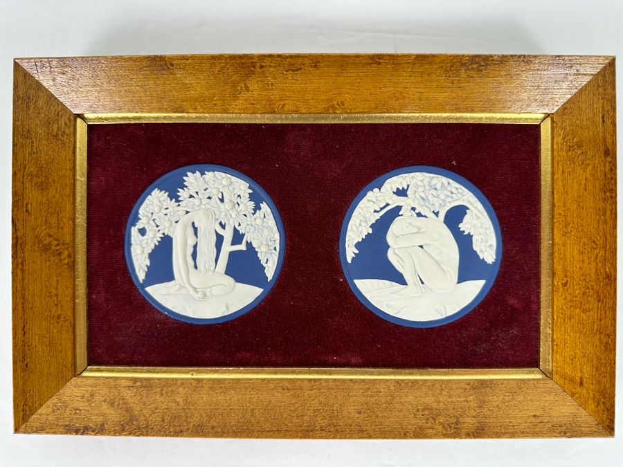 Pair Of Wedgwood Collectible Plates Of Adam & Eve By Anna Zinkeisen Nicely Display In A Wooden Frame From The Wedgwood Collectors Society [Photo 2]