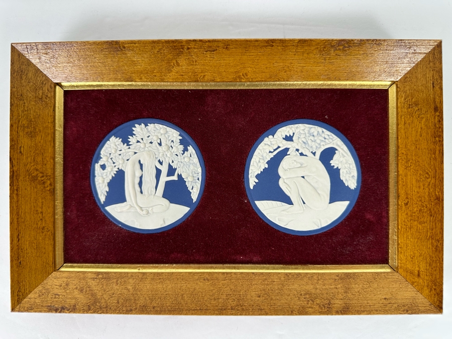 Pair Of Wedgwood Collectible Plates Of Adam & Eve By Anna Zinkeisen Nicely Display In A Wooden Frame From The Wedgwood Collectors Society [Photo 3]