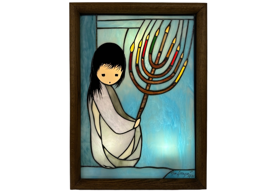 Ted DeGrazia (1909-1982, American) Signed Rare Framed Festival Of Lights Stained Glass Window 1981 Mounted In Backlit Wooden Frame, Rare Signed By Ted DeGrazia In Lower Right 16.5W X 22.5H X 4D [Photo 2]