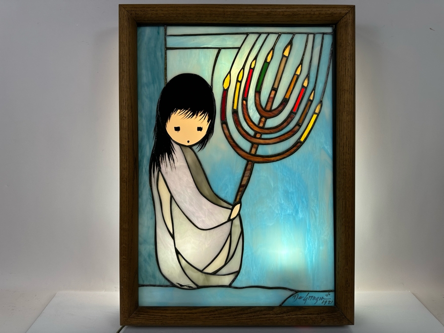 Ted DeGrazia (1909-1982, American) Signed Rare Framed Festival Of Lights Stained Glass Window 1981 Mounted In Backlit Wooden Frame, Rare Signed By Ted DeGrazia In Lower Right 16.5W X 22.5H X 4D [Photo 4]