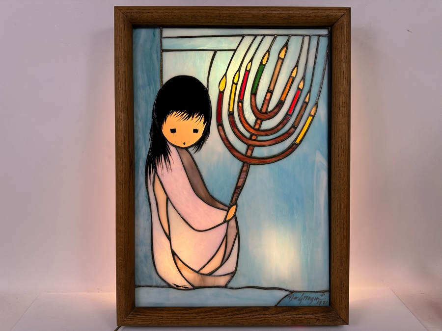 Ted DeGrazia (1909-1982, American) Signed Rare Framed Festival Of Lights Stained Glass Window 1981 Mounted In Backlit Wooden Frame, Rare Signed By Ted DeGrazia In Lower Right 16.5W X 22.5H X 4D [Photo 6]