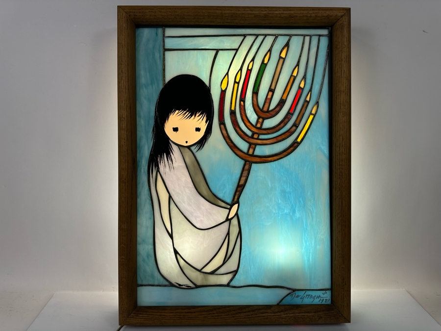 Ted DeGrazia (1909-1982, American) Signed Rare Framed Festival Of Lights Stained Glass Window 1981 Mounted In Backlit Wooden Frame, Rare Signed By Ted DeGrazia In Lower Right 16.5W X 22.5H X 4D [Photo 3]