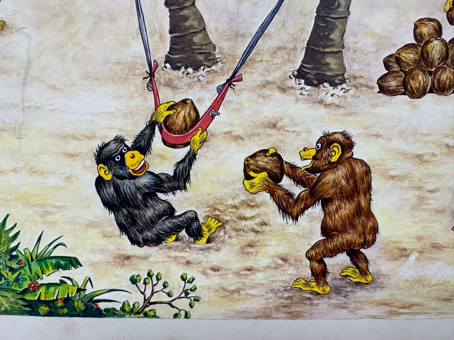 Original Drawing On Board Of Coconut Throwing Monkeys Attacking Japanese Soldiers On The Beach Signed On Verso Verne B. Holdt? 15 X 18 [Photo 4]