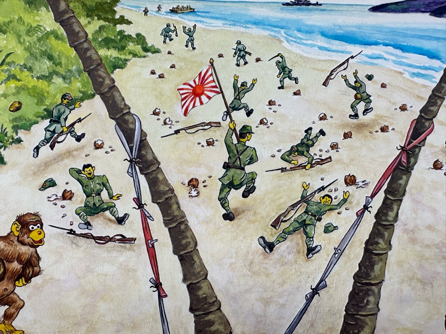 Original Drawing On Board Of Coconut Throwing Monkeys Attacking Japanese Soldiers On The Beach Signed On Verso Verne B. Holdt? 15 X 18 [Photo 6]