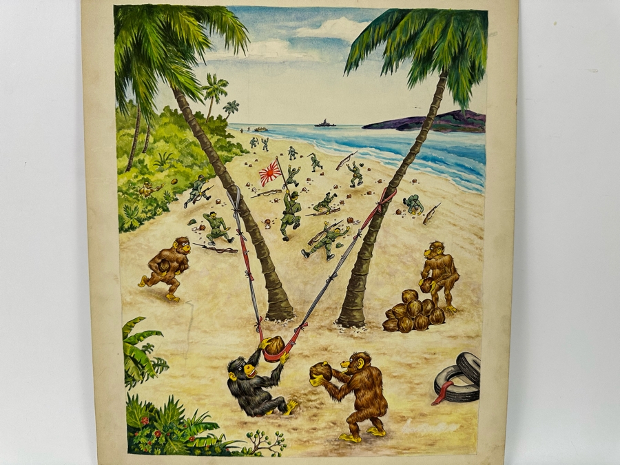 Original Drawing On Board Of Coconut Throwing Monkeys Attacking Japanese Soldiers On The Beach Signed On Verso Verne B. Holdt? 15 X 18 [Photo 2]