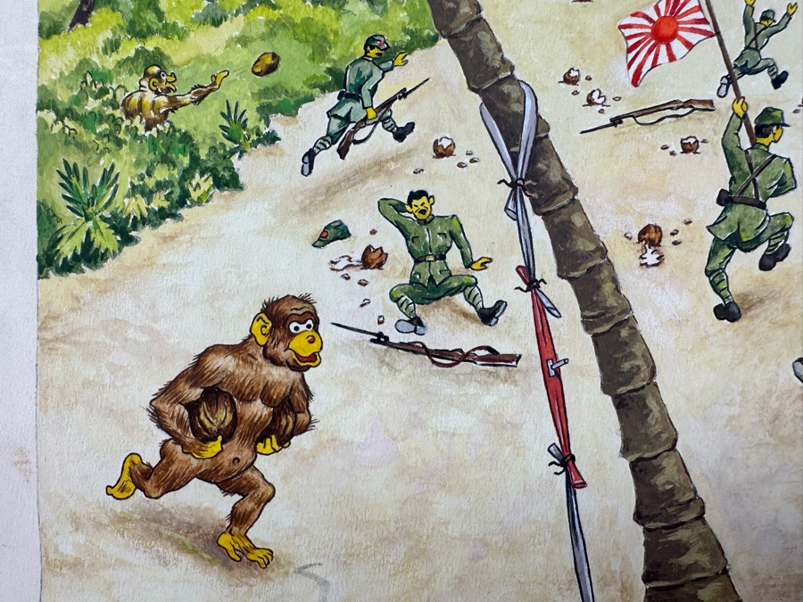 Original Drawing On Board Of Coconut Throwing Monkeys Attacking Japanese Soldiers On The Beach Signed On Verso Verne B. Holdt? 15 X 18 [Photo 8]