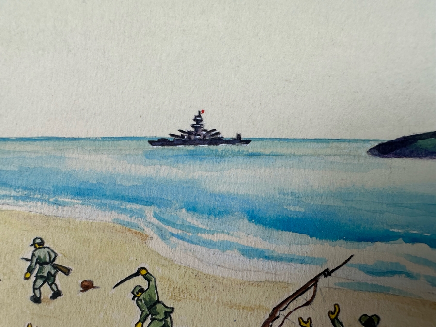 Original Drawing On Board Of Coconut Throwing Monkeys Attacking Japanese Soldiers On The Beach Signed On Verso Verne B. Holdt? 15 X 18 [Photo 12]