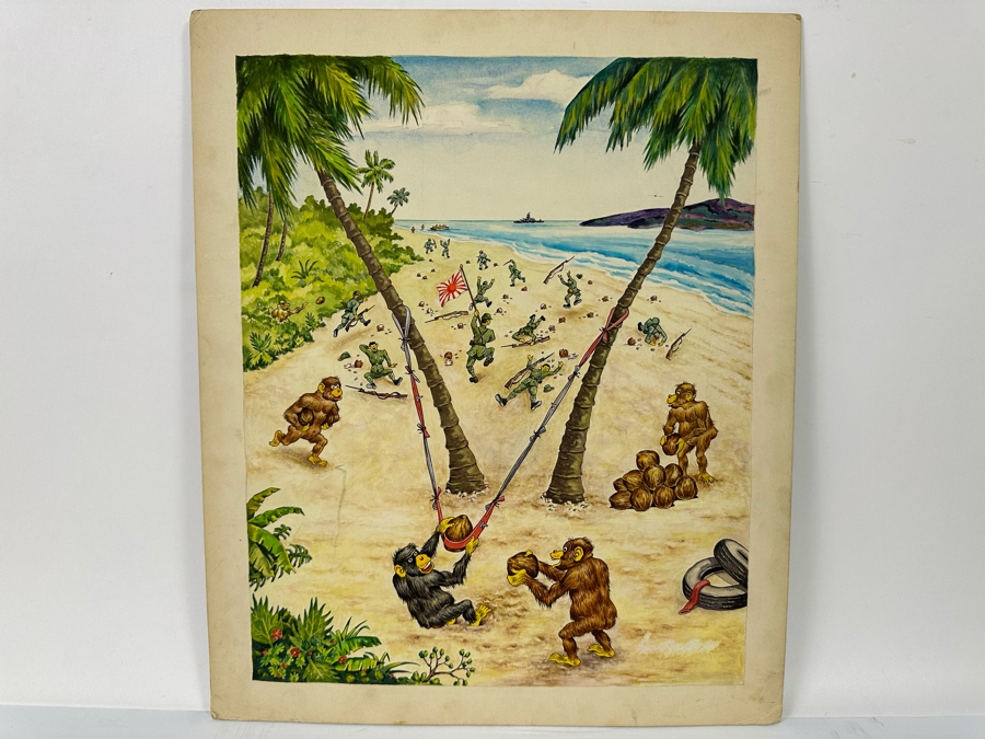Original Drawing On Board Of Coconut Throwing Monkeys Attacking Japanese Soldiers On The Beach Signed On Verso Verne B. Holdt? 15 X 18 [Photo 3]