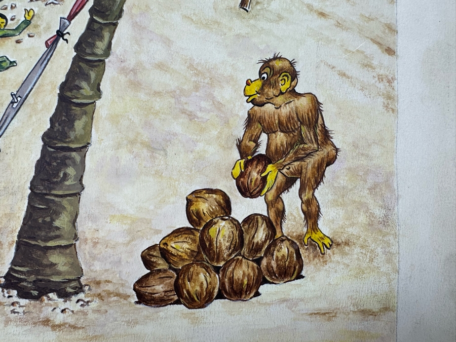 Original Drawing On Board Of Coconut Throwing Monkeys Attacking Japanese Soldiers On The Beach Signed On Verso Verne B. Holdt? 15 X 18 [Photo 9]