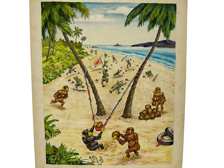 Original Drawing On Board Of Coconut Throwing Monkeys Attacking Japanese Soldiers On The Beach Signed On Verso Verne B. Holdt? 15 X 18 [Photo 1]