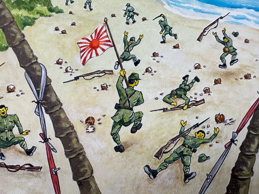 Original Drawing On Board Of Coconut Throwing Monkeys Attacking Japanese Soldiers On The Beach Signed On Verso Verne B. Holdt? 15 X 18 [Photo 7]