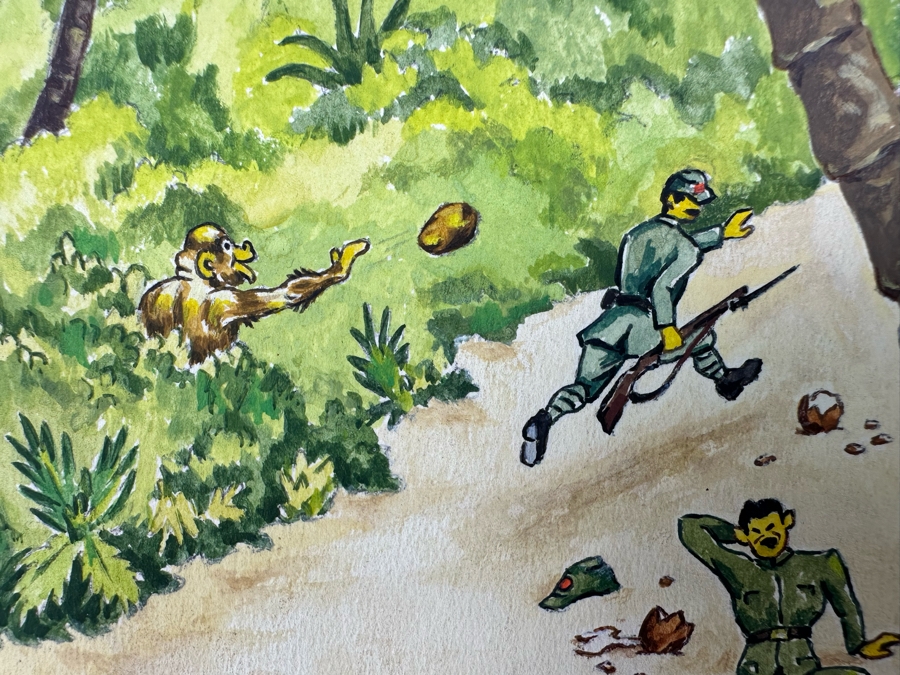 Original Drawing On Board Of Coconut Throwing Monkeys Attacking Japanese Soldiers On The Beach Signed On Verso Verne B. Holdt? 15 X 18 [Photo 15]