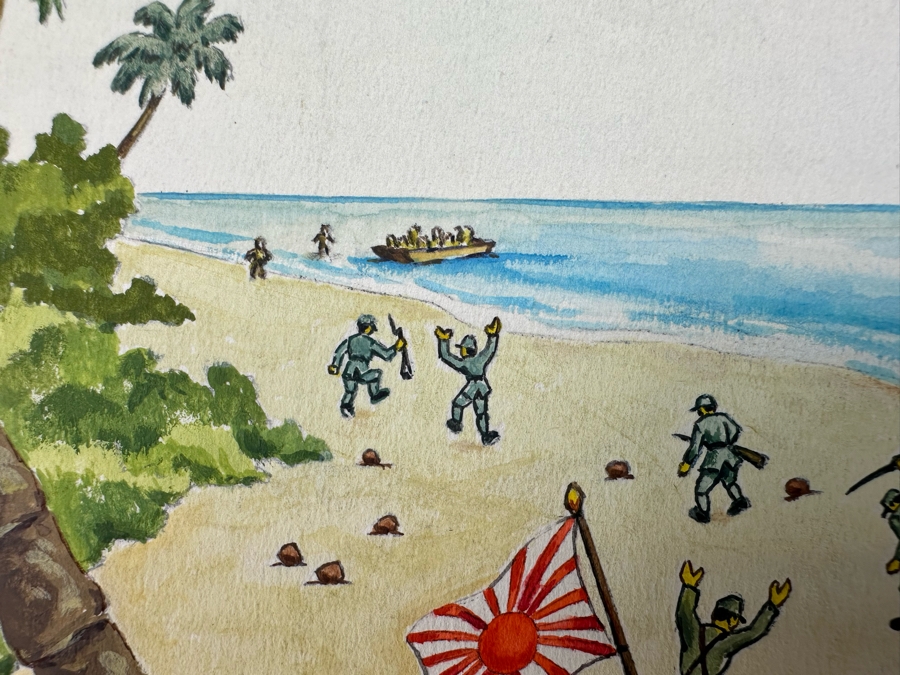 Original Drawing On Board Of Coconut Throwing Monkeys Attacking Japanese Soldiers On The Beach Signed On Verso Verne B. Holdt? 15 X 18 [Photo 11]