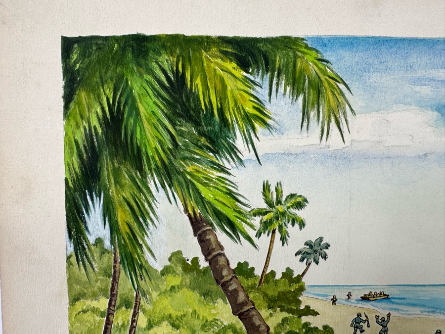Original Drawing On Board Of Coconut Throwing Monkeys Attacking Japanese Soldiers On The Beach Signed On Verso Verne B. Holdt? 15 X 18 [Photo 14]