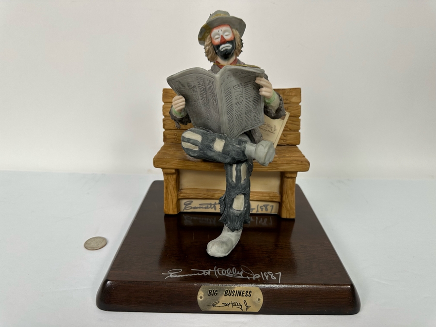 Signed Limited Edition Emmett Kelly Jr Clown Porcelain Figurine From Flambro Titled 'Big Business' Both Figurine And Wooden Base Signed By American Circus Performer Emmett Kelly Jr 9W X 9D X 9.5H [Photo 3]