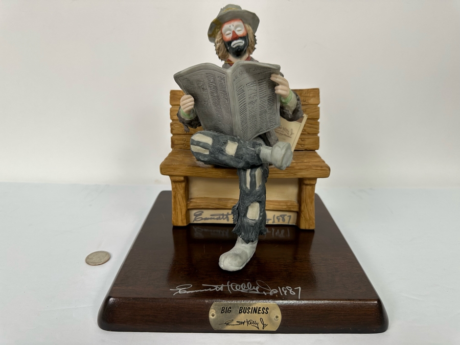Signed Limited Edition Emmett Kelly Jr Clown Porcelain Figurine From Flambro Titled 'Big Business' Both Figurine And Wooden Base Signed By American Circus Performer Emmett Kelly Jr 9W X 9D X 9.5H [Photo 2]