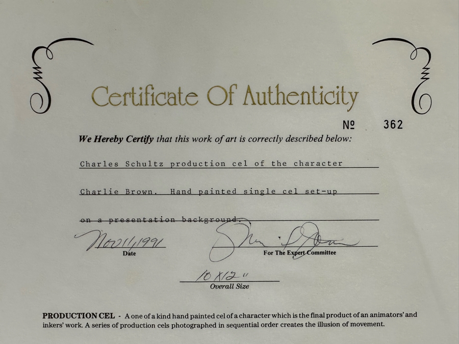 Charles Schultz Original Production Cel Of The Character Charlie Brown Hand Painted Single Cel Set-up On A Presentation Background With Certificate Of Authenticity 10 X 12 [Photo 13]
