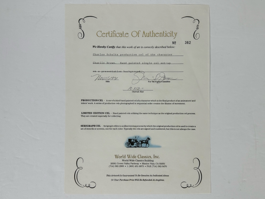 Charles Schultz Original Production Cel Of The Character Charlie Brown Hand Painted Single Cel Set-up On A Presentation Background With Certificate Of Authenticity 10 X 12 [Photo 2]