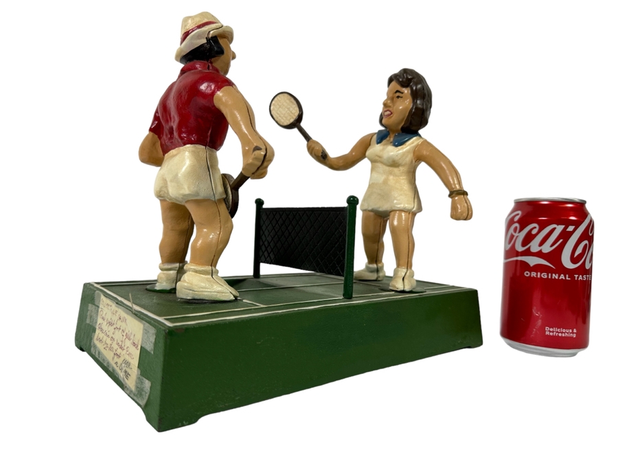 Vintage 1975 Mechanical Bank Tennis Players From The John Wright Penny Bank Collection Working 10.5W X 6D X 9H